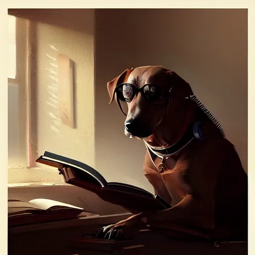 Image similar to a dog reviewing texts in a computer, art by greg rutkowski, intricate, elegant, highly detailed, smooth, sharp focus, artstation