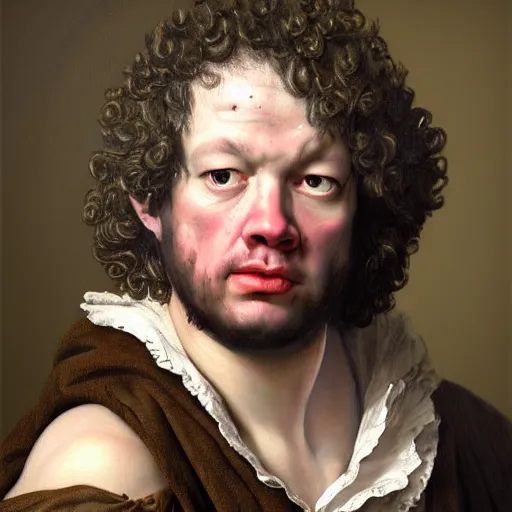 Image similar to A 17th century Baroque Painting of Dean Ween, grainy, realistic, hyperrealistic, very realistic, very very realistic, highly detailed, very detailed, extremely detailed, detailed, digital art, trending on artstation, detailed face, very detailed face, very detailed face, realism, HD Quality, 8k resolution, intricate details, body and head in frame, painting, oil painting, trending on deviantart, Baroque Painting