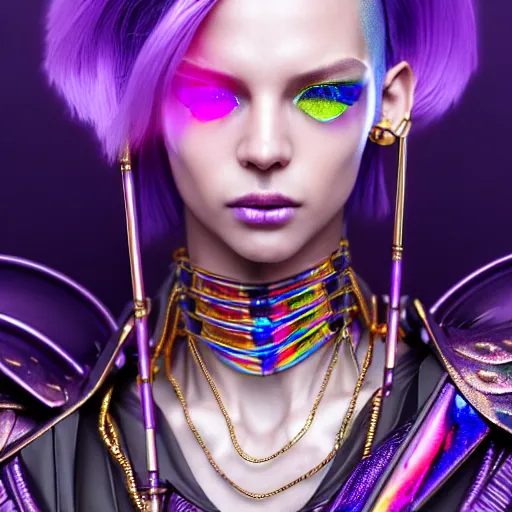 Image similar to hyperdetailed close portrait of a stunningly beautiful cyberpunk girl androgynous wizard guard made of iridescent metals and shiny purple gems, bright rainbow nimbus, transparent necklace, gold background inspired by ross tran and masamune shirow and kuvshinov, concept art, intricate, photorealistic, octane render, rtx, hdr, unreal engine, dnd digital art by artgerm