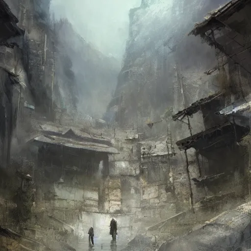 Prompt: Forgotten city in the mountains, with an overcast sky, by Craig Mullins