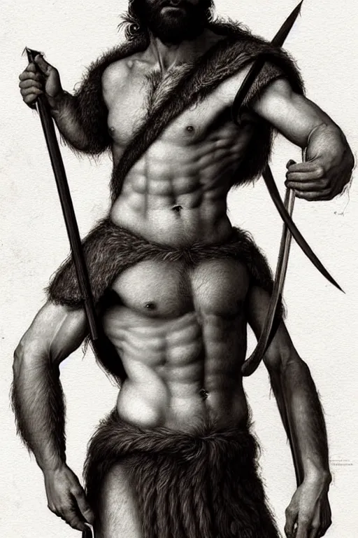 Prompt: renaissance full body portrait of a gruff ranger, handsome face, lean and toned, hairy chest and hairy body, D&D, intricate, elegant, highly detailed, digital painting, artstation, concept art, matte, sharp focus, chiaroscuro, well list, sharp detail, illustration, art by Da Vinci, Artgerm and Greg Rutkowski and Alphonse Mucha