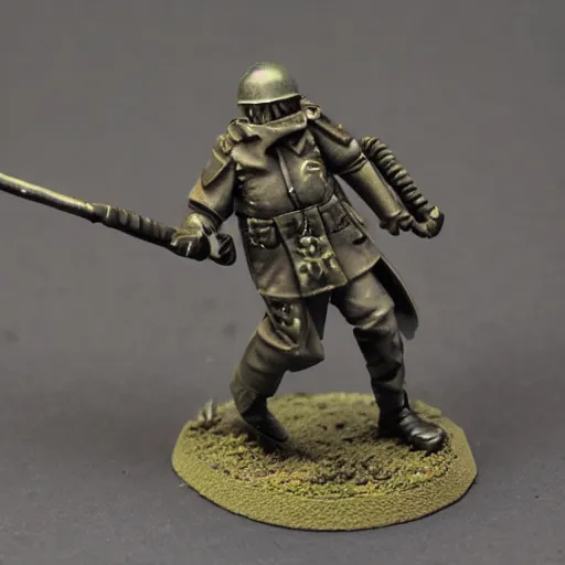 Prompt: an ecstatic Death Korps of Kreig soldier wearing grey and wielding a shovel