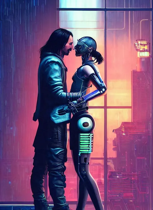 Image similar to a cyberpunk 2077 couple portrait of Keanu Reeves & female android in final kiss,love,film lighting,by Laurie Greasley,Lawrence Alma-Tadema,Dan Mumford,artstation,deviantart,FAN ART,full of color,Digital painting,face enhance,highly detailed,8K,octane,golden ratio,cinematic lighting