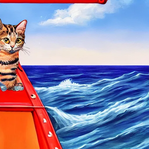 Prompt: a painting of a cat in a life-boat in the middle of the ocean. artstation. digital art.