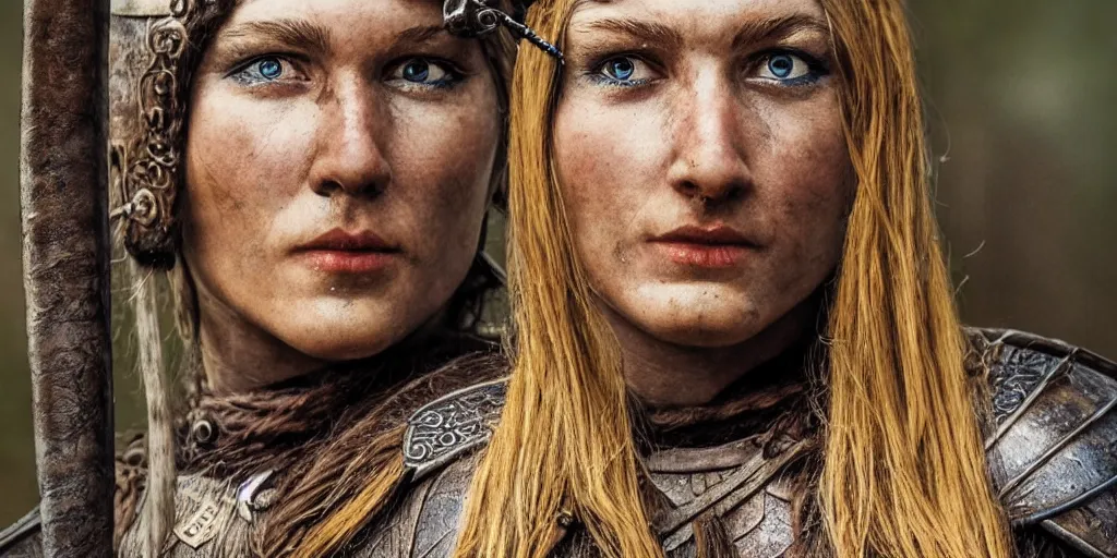 Image similar to a beautiful viking female warrior, realistic, highly detailed.