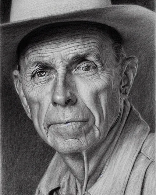 Image similar to high quality high detail pencil drawing by norman rockwell, hd, close up portrait, old cowboy, muted pastel colors, photorealistic lighting