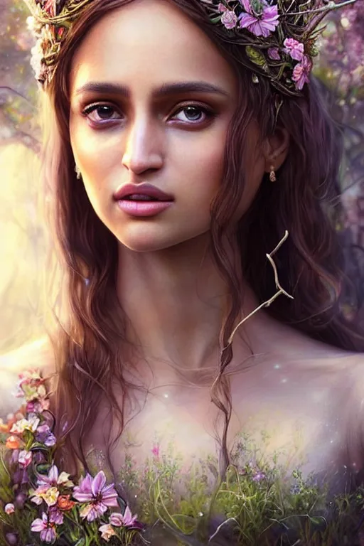 Prompt: hyper - realistic, gorgeous!!! woman resembling alicia vikander & eiza gonzalez as a fairy princess in the woods, elegant, cute, divine aura, nature goddess, dungeons and dragons, intricate, highly detailed, artstation, digital painting, character design, concept art, illustration, sharp focus, art by artgerm & jeehyung lee & wlop