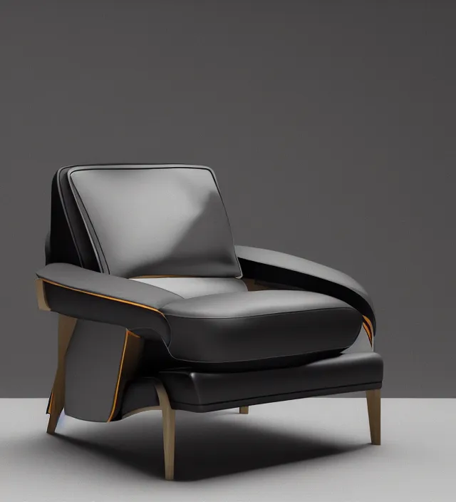 Image similar to a comfortable leather armchair with neon light corners, intricate details, black background, octane render