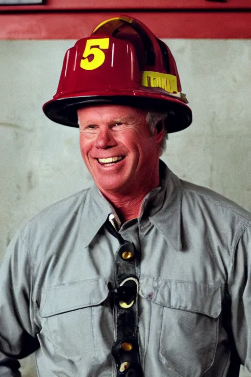 Image similar to kevin tighe wearing a fireman helmet with the number 5 1 on it, floating above a fire laughing