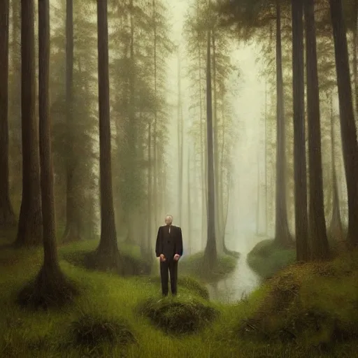 Image similar to detailed oil painting, hyper realistic | digital art, award winning | the businessman floats eerily in the misty forest, uneasy | by roberto ferri, by gustav klimt, by william waterhouse and tom bagshaw | trending on artstation, cgsociety, official art, octane, digitsl painting.