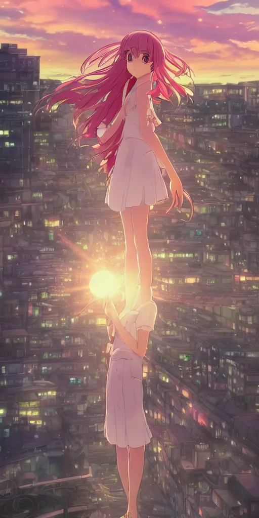 Image similar to anime art, anime key visual of a cute elegant anime girl with pink hair and big eyes, city rooftop at sunset with clouds, golden hour sunset, background blur bokeh!, beautiful lighting, high quality illustration, studio ghibli