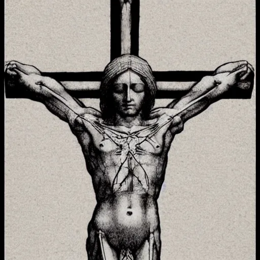 Image similar to Leonardo da Vinci's Vetruvian Man crucified on a cross like Christ