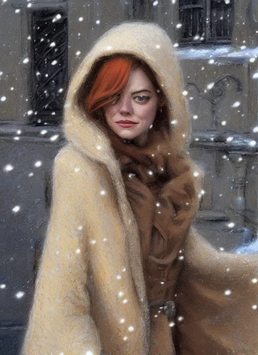 Image similar to emma stone in beige coat, close up face, winter new york, snow, artwork by gaston bussiere, craig mullins, trending on artstation