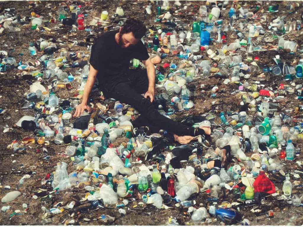 Image similar to lorenzo cherubini jovanotti alone crying surrounded by plastic bottles and garbage on a beach, polaroid color photo, ultra realistic