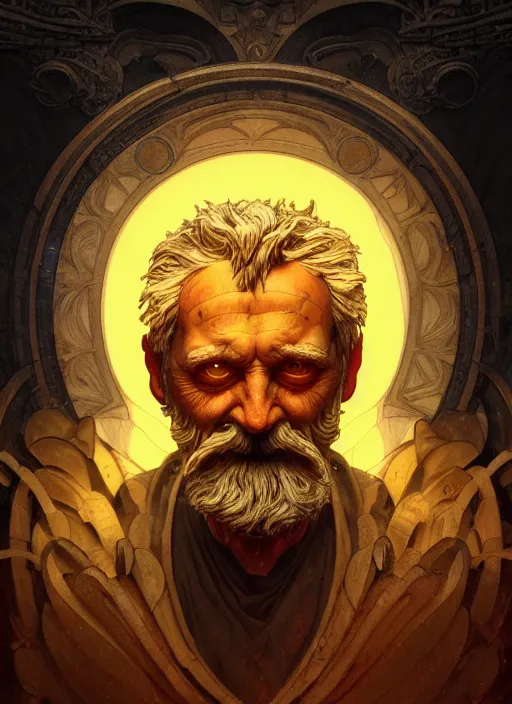Prompt: the god hephaestus, old man, ash hair, glowing eyes, volumetric lights, yellow and red scheme, art nouveau botanicals, gothic, intricate, highly detailed, digital painting, artstation, concept art, smooth, sharp focus, symmetric face, illustration, steampunk, art by artgerm and greg rutkowski and alphonse mucha