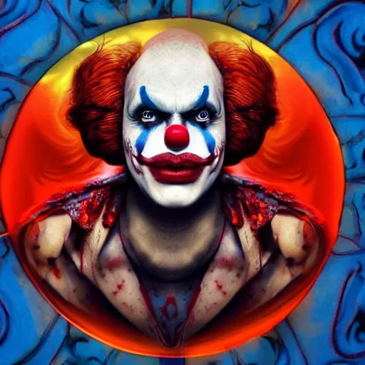 Image similar to 4K headshot of godlike clown with defined arms and open hands and bloody clothes with giant mandala wings , intricate clown face make-up , flawless anime cel animation by Kentaro Miura, psychedelic , highly detailed upper body , professionally post-processed , beautiful, scary, symmetry accurate features, epic, octane rendered, anime masterpiece, accurate