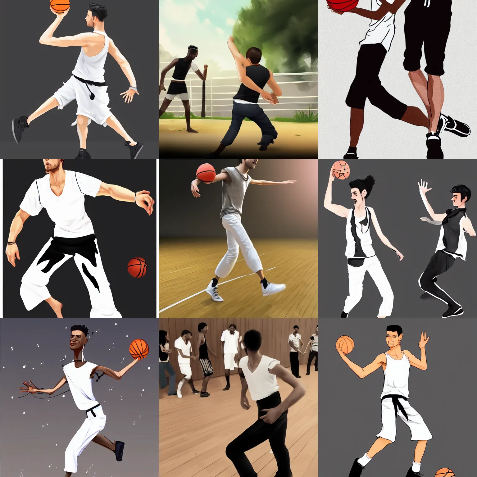 Prompt: a young man in white strappy pants and black shirt playing basketball while dancing, artstation