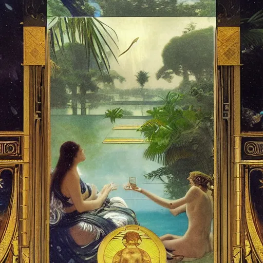 Image similar to Floating palace, moon reflecting on the water, thunderstorm, greek pool, beach and Tropical vegetation on the background major arcana sky, by paul delaroche, alphonse mucha and arnold böcklin, hyperrealistic 8k, award-winning, very very very detailed