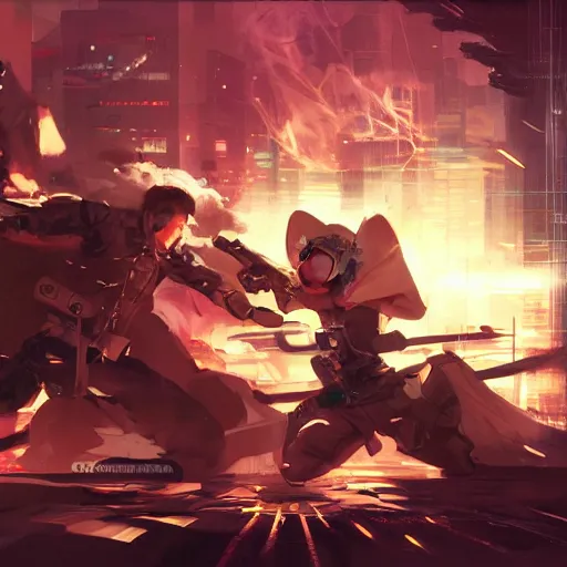 Image similar to neo fighting security. Epic keyframe. James gurney, rossdraws.