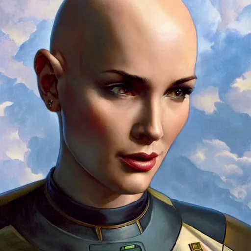 Image similar to a bald serbian!!! young woman as a star trek captain, wearing a grey uniform, still from star trek painted by artgerm and greg rutkowski and alphonse mucha. clear highly detailed face, beautiful sci fi art