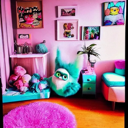 Prompt: “ nostalgic 9 0 s bedroom colorful aesthetic, 9 0 s photo, furbies, realistic ”