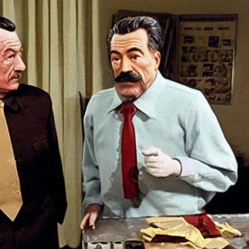 Image similar to mannequins of bryan cranston and stalin, bryan cranston is holding up a ziplock with meth, stalin is surprised