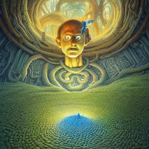 Image similar to fungus labyrinth mohawk projector portrait by gaston bussierre and charles vess and james jean and erik jones and rhads, inspired by rick and morty, epic, funny, huge scale, beautiful fine face features, intricate high details, sharp, ultradetailed