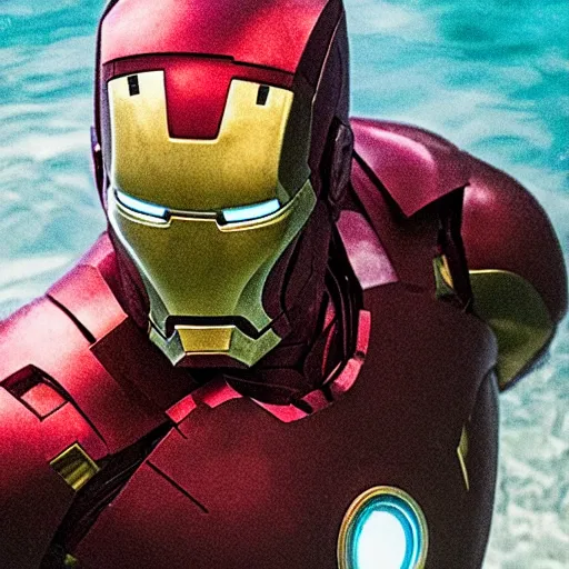 Prompt: still of iron man buried in the sea