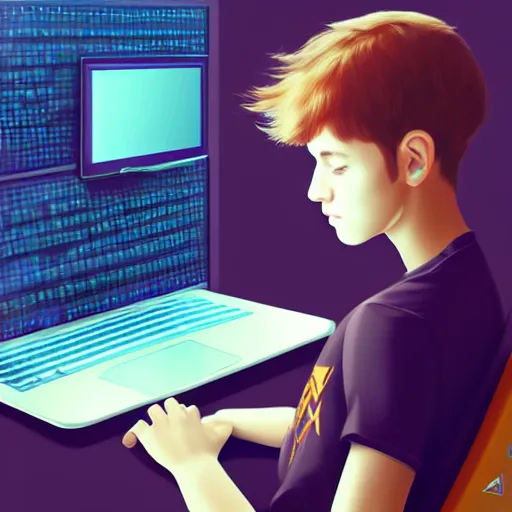 Image similar to realistic teenager using laptop in super tech room, artstation trends, concept art, highly detailed, intricate, sharp focus, digital art, 8 k