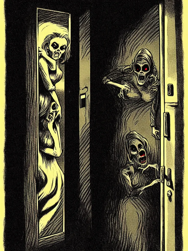 Image similar to Full Color Vintage Horror Illustration of a Woman Scared Looking in Door at Creature at night. Glowing , Spooky lighting , Pinterest