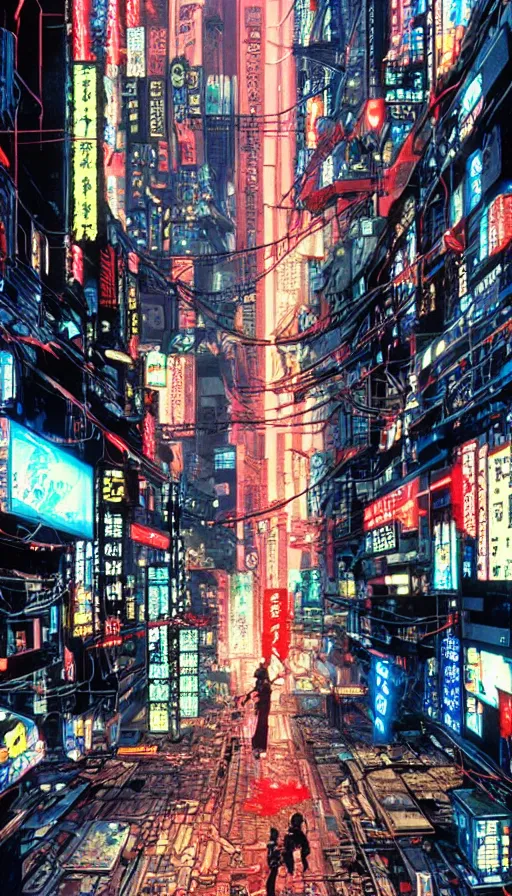 Image similar to cyberpunk street view, film still from japanese animated cyberpunk film Akira movie with art direction by Katsuhiro Otomo, wide lens, flying cards, science fiction, holograms