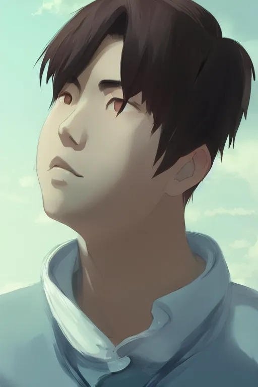 Prompt: portrait of a handsome young asian man, cool hairstyle, half body shot, trending on artstation, studio ghibli, makoto shinkai