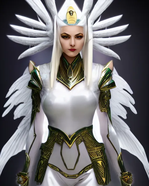 Prompt: attractive white haired egyptian queen wearing white dove wings, warframe armor, regal, attractive, ornate, sultry, sexy, steamy, elize theron, pretty face, green eyes, scifi platform, 4 k, ultra realistic, epic lighting, illuminated, cinematic, black gold, art by akihito tsukushi, voidstar
