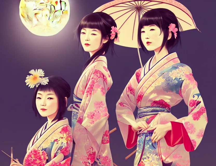 Image similar to two beautiful charming japan girls wear arty kimono in festival | | sunny night, full moon, dreamlike art, realistic shaded, smile, good looking, hyper details, 4 k realistic, cryengine, realistic shaded lighting poster by ilya kuvshinov, fuji choko, ross tran, 8 k resolution, trending on artstation, luxury