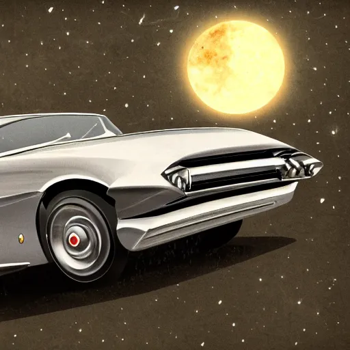 Image similar to 1960s car on a road in space driving towards a planet, trending on art station