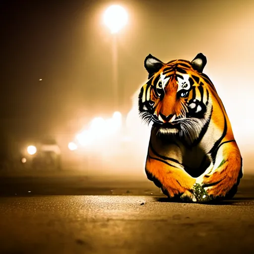 Image similar to DSLR photograph, magazine cover photograph of a tiger smoking a cigarette in Dhaka at night, foggy