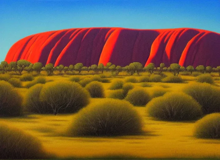 Image similar to uluru, australia in the style of hudson river school of art, oil on canvas