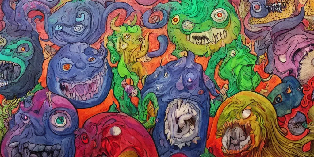 Image similar to portrait painting of a group of mythical monsters and beasts in a squishy style