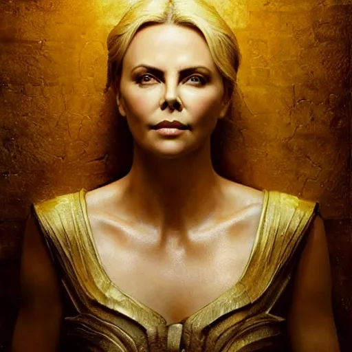 Image similar to “ majestic gracious regal deity charlize theron portrait, ancient greece, atmospheric lighting, painted, intricate, volumetric lighting, beautiful, rich deep colours masterpiece, golden hour, sharp focus, ultra detailed, by leesha hannigan, ross tran, thierry doizon, kai carpenter, ignacio fernandez rios ”