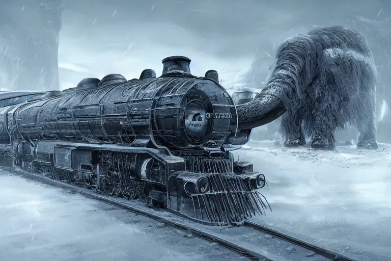 Image similar to a grand intricate futuristic black steam train next to a giant mammoth, post - apocalyptic ice landscape in snowstorm, concept art, artstation, highly detailed, digital art