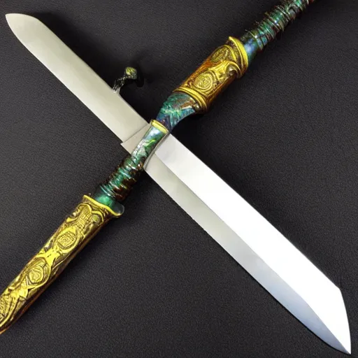 Image similar to A beautiful and realistic sword,dazzling gem in the hilt,fantasy,masterwork,good lighting