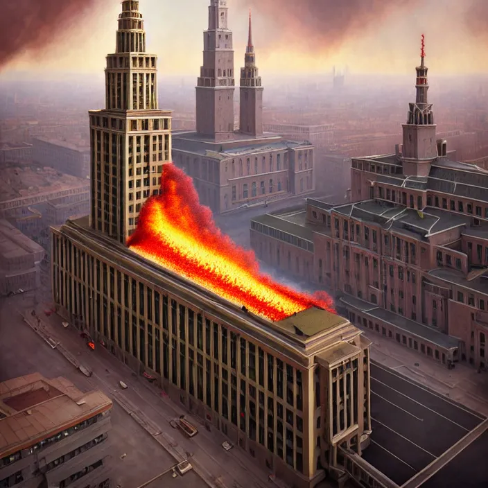 Image similar to matte painting of a moscow state university building on fire, masterpiece, cinematic, hyperdetailed, photorealistic, hyperrealism, octane render, depth of field, bokeh, architecture, aerial view, art by tom bagshaw, geof darrow, james gurney, filip hodas