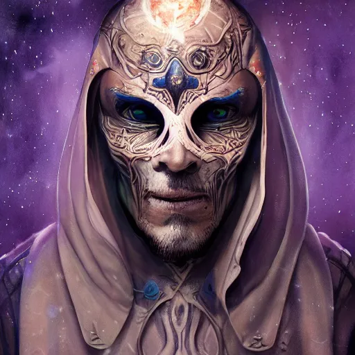 Image similar to a WLOP 3d render of Very very very very highly detailed mystic, enigmatic, strange portrait of a phantom warrior with galaxy, tattoos by Anton Pieck, intricate, extremely detailed, digital painting, artstation, concept art, smooth, sharp focus, illustration, intimidating lighting, incredible art,