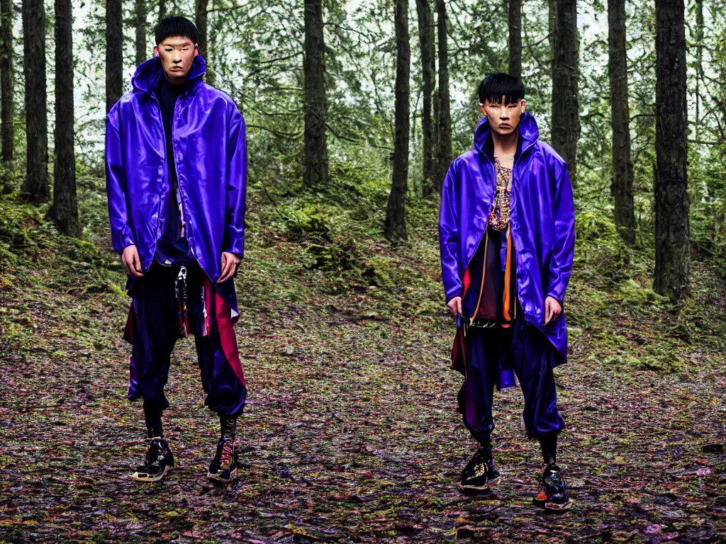 Image similar to versace avant garde male super oversized jacket blue purple red necklace textiles streetwear cyberpunk buff muscle japanese asian man shaved head in the woods overcast late evening dramatic professional color 8 k hdr