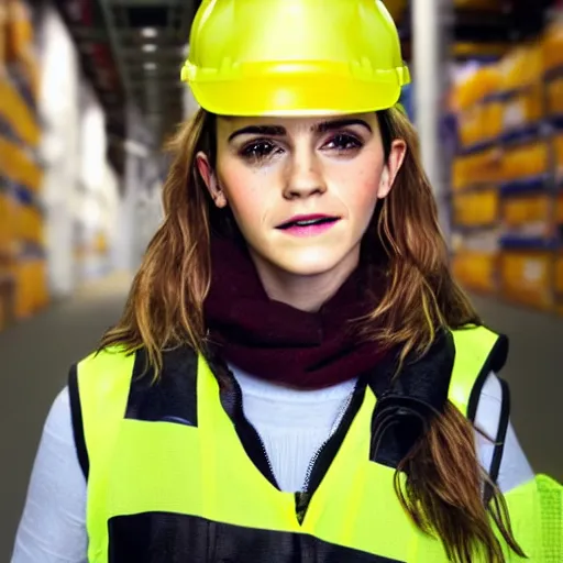 Image similar to photo, close up, emma watson in a hi vis vest, in amazon warehouse, portrait, point and shoot camera,