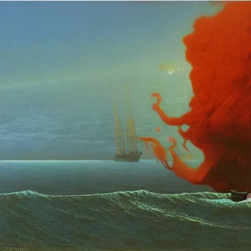 Image similar to naval cannon firing by Zdzisław Beksiński, oil on canvas