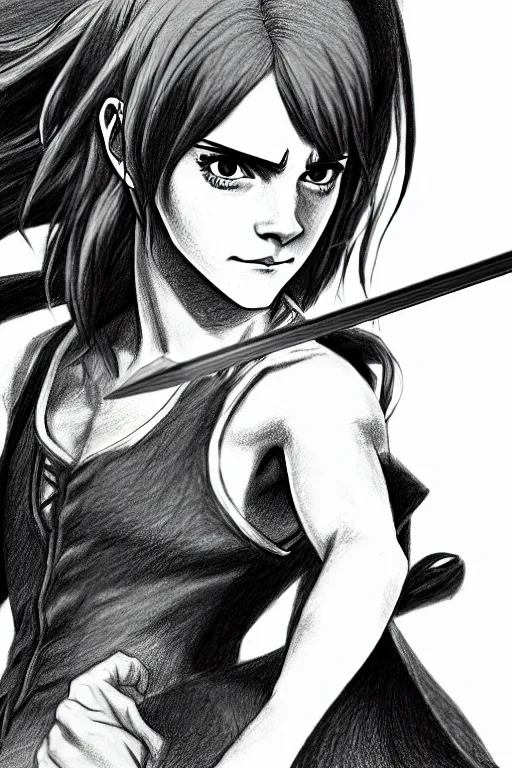Image similar to a very detailed pencil drawing of emma watson in demon slayer manga panel 4 k, high resolution, dynamic pose, landscape, hd, full body, action, sword, hyper realistic, manga, koyoharu gotouge,