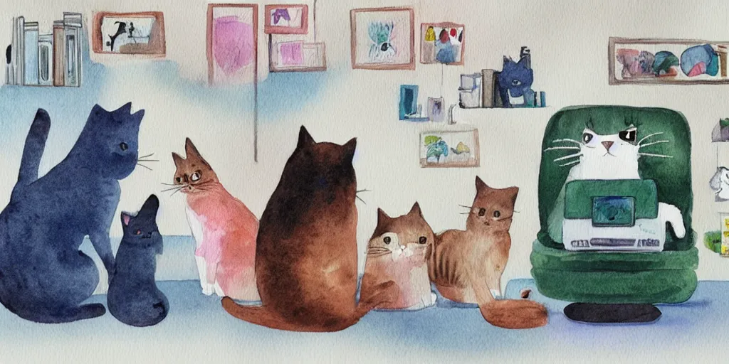 Prompt: watercolor illustration style, cute! cats watch the news on computer monitor