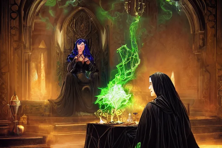 Prompt: a beautiful sorceress wearing a black robe with gold embroidery, sitting at table, casting a spell, green glows, painted by stefan kostic and artgerm, in the style of magic the gathering, highly detailed digital art