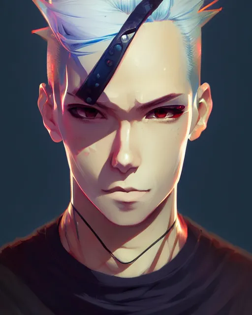 Prompt: portrait of a male punk, street clothes, cyberpunk, face like ester exposito, blonde shinkai makoto studio ghibli studio key hideaki anno sakimichan stanley artgerm lau rossdraws james jean marc simonetti elegant highly detailed digital painting artstation pixiv